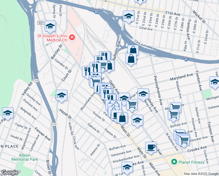 map of restaurants, bars, coffee shops, grocery stores, and more near 35 Elk Street in Paterson