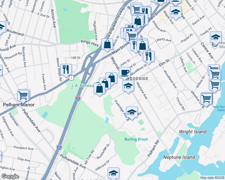 map of restaurants, bars, coffee shops, grocery stores, and more near 47 Morgan Street in New Rochelle