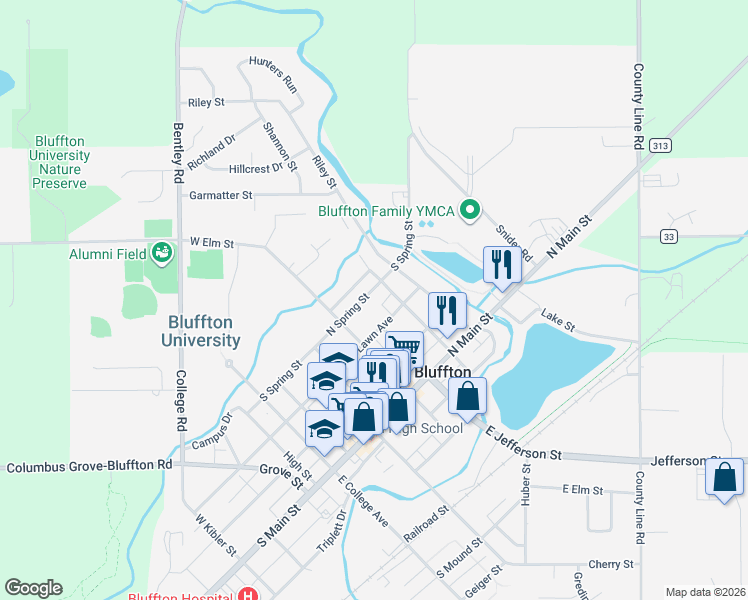 map of restaurants, bars, coffee shops, grocery stores, and more near 222 North Spring Street in Bluffton