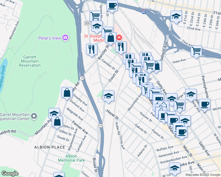 map of restaurants, bars, coffee shops, grocery stores, and more near 477 Marshall Street in Paterson