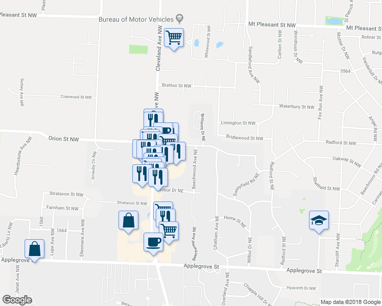 map of restaurants, bars, coffee shops, grocery stores, and more near 1885 Beechwood Avenue Northeast in North Canton