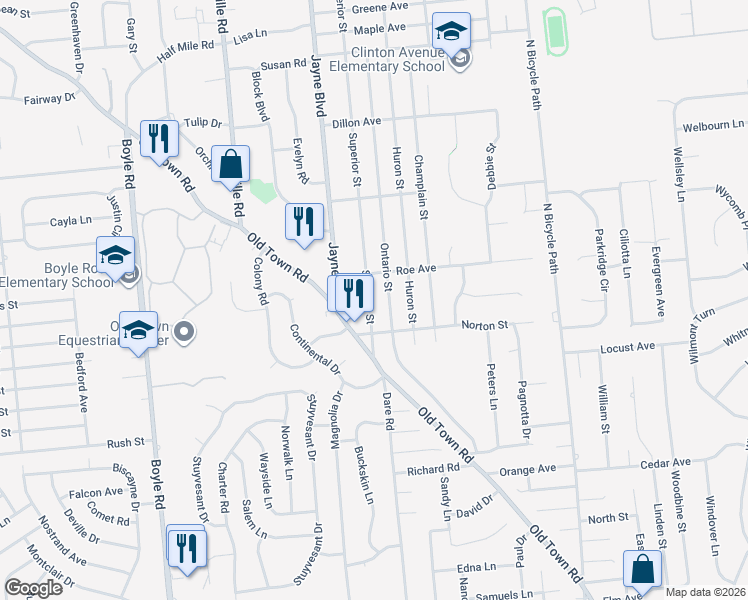 map of restaurants, bars, coffee shops, grocery stores, and more near 58 Superior Street in Port Jefferson Station