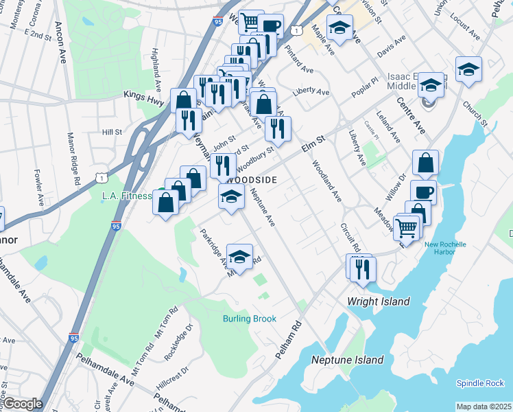 map of restaurants, bars, coffee shops, grocery stores, and more near 46 Neptune Avenue in New Rochelle