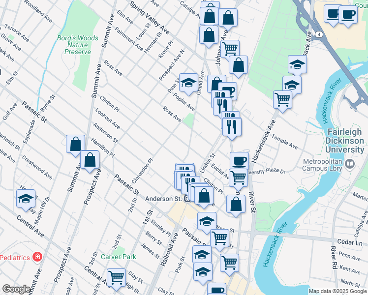 map of restaurants, bars, coffee shops, grocery stores, and more near 25 Grand Avenue in Hackensack