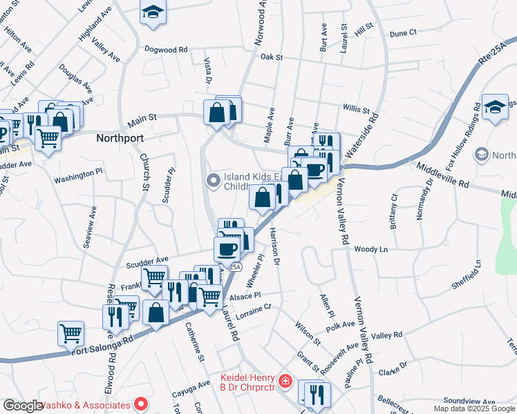 map of restaurants, bars, coffee shops, grocery stores, and more near 46 Gilbert Street in Northport
