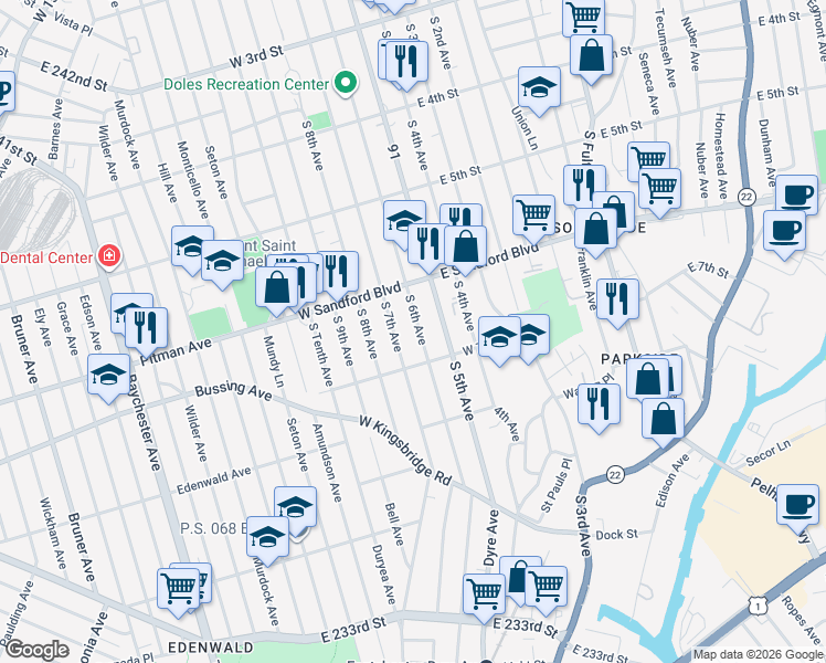 map of restaurants, bars, coffee shops, grocery stores, and more near 543 South 7th Avenue in Mount Vernon