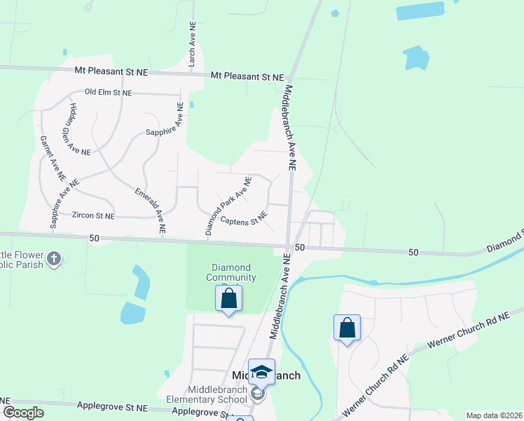 map of restaurants, bars, coffee shops, grocery stores, and more near 2765 Captens Street Northeast in Canton