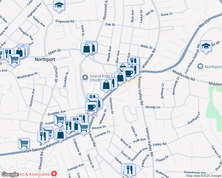 map of restaurants, bars, coffee shops, grocery stores, and more near 791 Fort Salonga Road in Northport