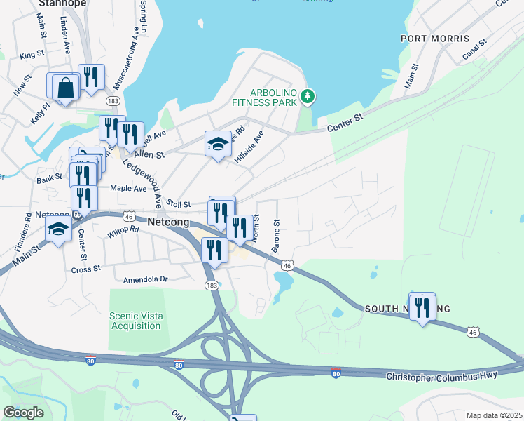 map of restaurants, bars, coffee shops, grocery stores, and more near 26 North Street in Netcong