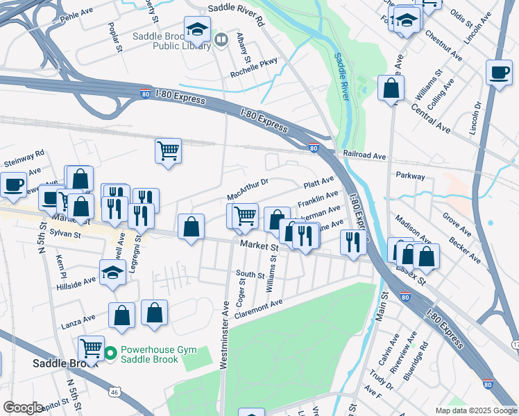 map of restaurants, bars, coffee shops, grocery stores, and more near 119 Franklin Avenue in Saddle Brook