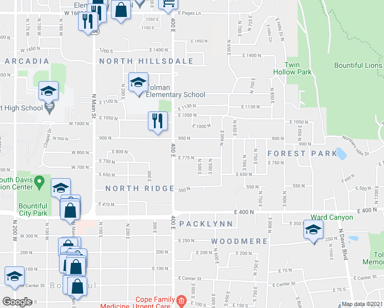 map of restaurants, bars, coffee shops, grocery stores, and more near 445 East 775 North in Bountiful