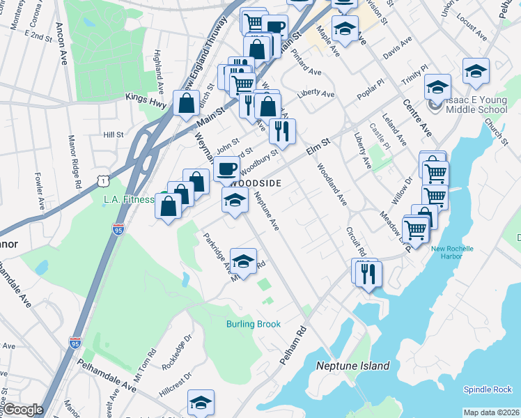 map of restaurants, bars, coffee shops, grocery stores, and more near 46 Neptune Avenue in New Rochelle
