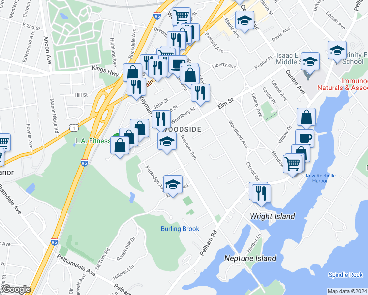 map of restaurants, bars, coffee shops, grocery stores, and more near 46 Neptune Avenue in New Rochelle
