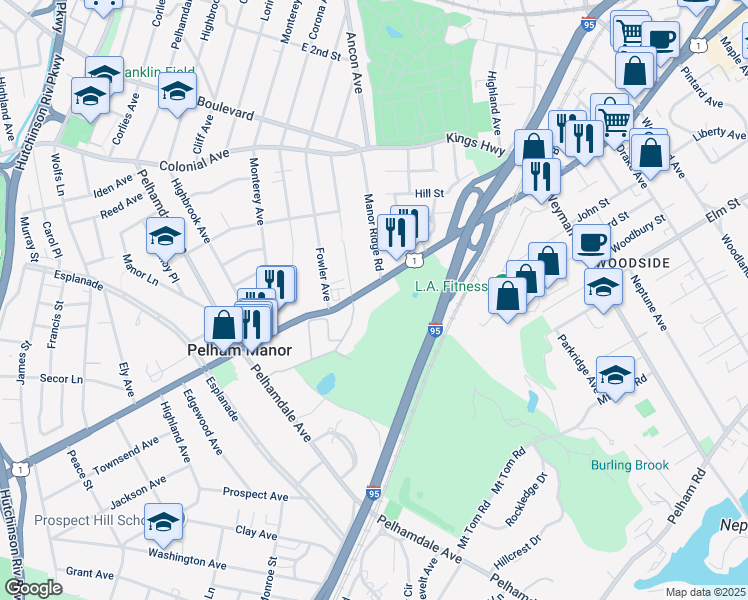 map of restaurants, bars, coffee shops, grocery stores, and more near 4784 Boston Post Road in Pelham Manor
