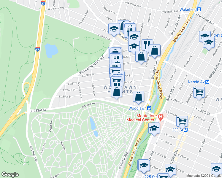 map of restaurants, bars, coffee shops, grocery stores, and more near in The Bronx