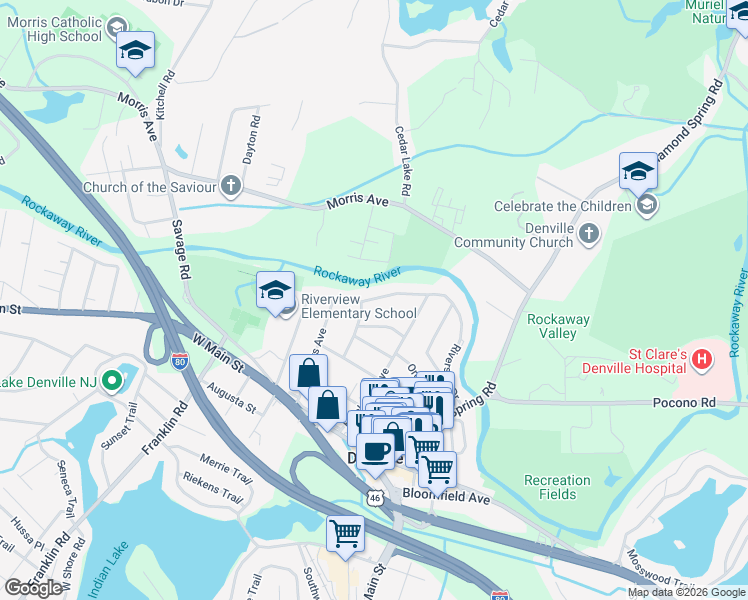 map of restaurants, bars, coffee shops, grocery stores, and more near 87 Riverside Drive in Denville
