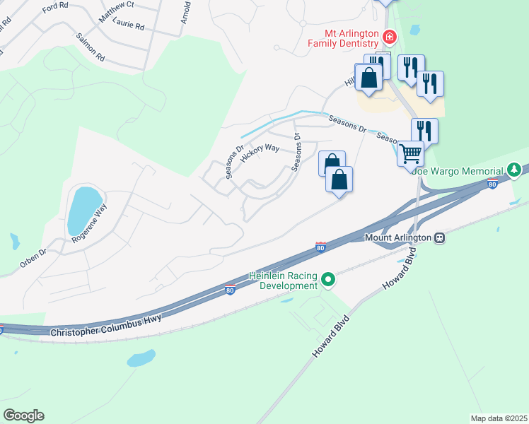 map of restaurants, bars, coffee shops, grocery stores, and more near 75 Crestview Lane in Mount Arlington