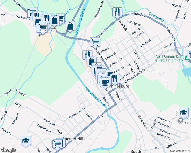 map of restaurants, bars, coffee shops, grocery stores, and more near 16 West Spruce Street in Philipsburg