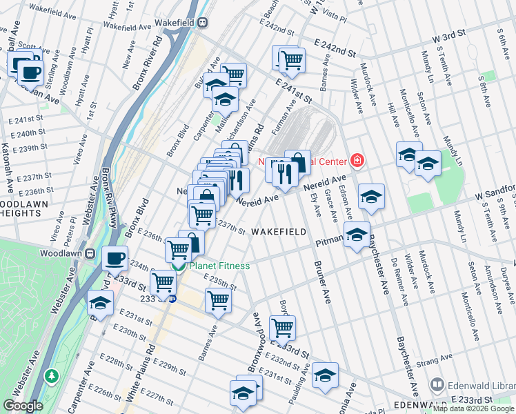 map of restaurants, bars, coffee shops, grocery stores, and more near 1712 Nereid Avenue in The Bronx