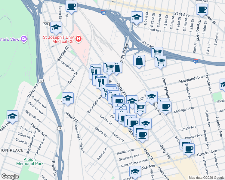 map of restaurants, bars, coffee shops, grocery stores, and more near 134 Bloomfield Avenue in Paterson
