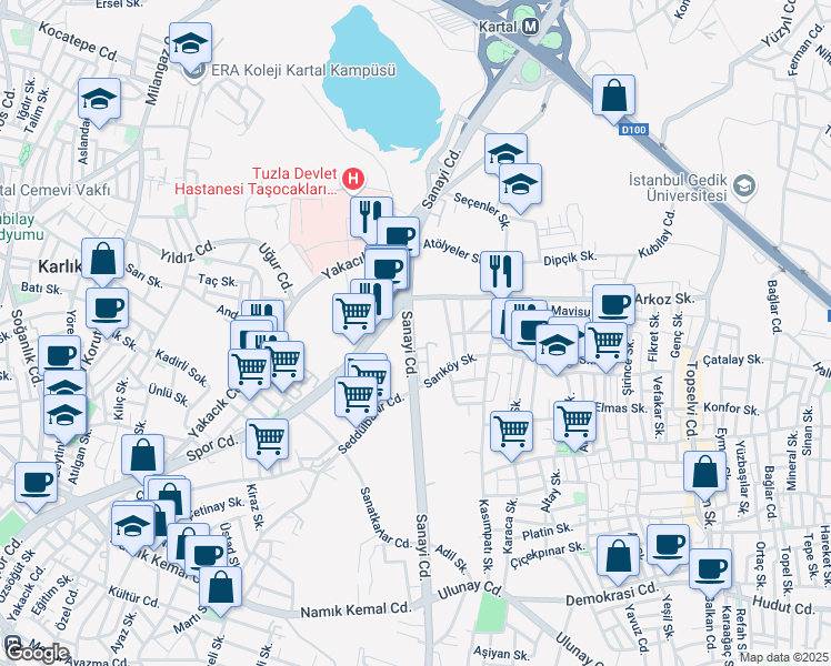 map of restaurants, bars, coffee shops, grocery stores, and more near 34 Sanayi Caddesi in Kartal