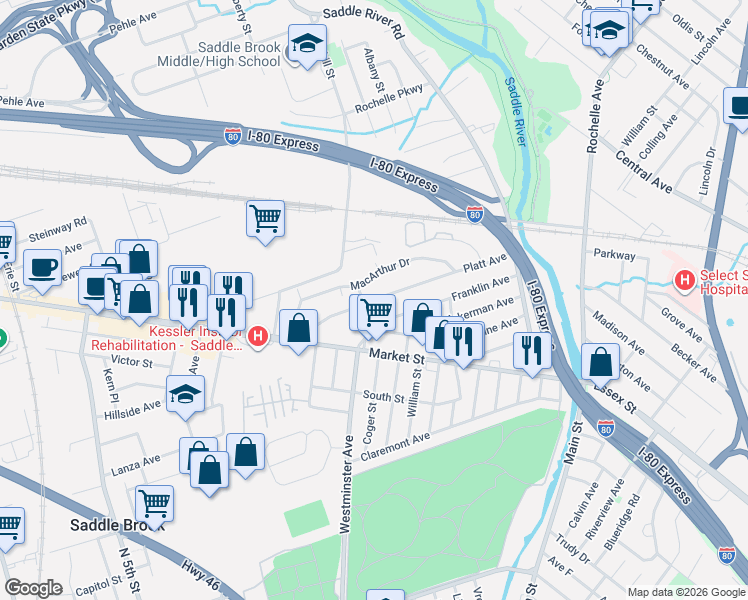 map of restaurants, bars, coffee shops, grocery stores, and more near 148 Platt Avenue in Saddle Brook