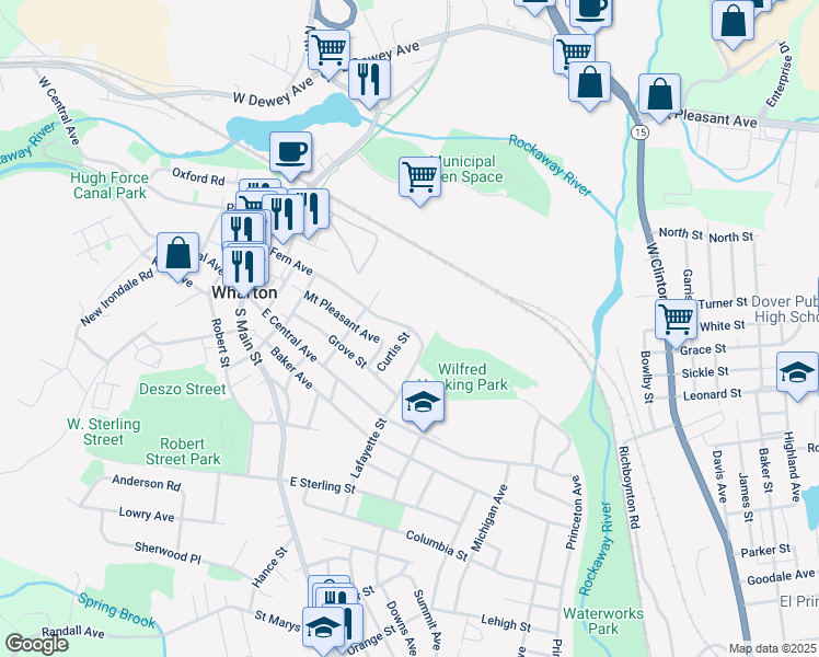 map of restaurants, bars, coffee shops, grocery stores, and more near 2 Curtis Street in Wharton