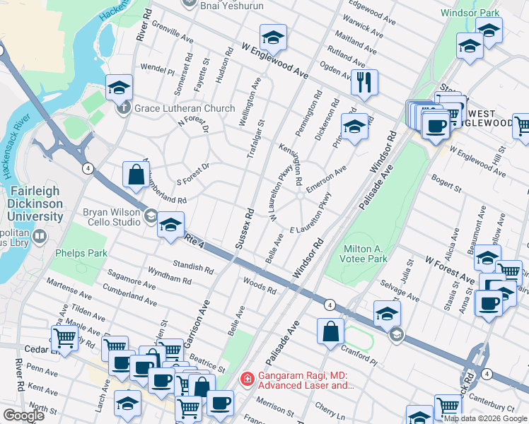 map of restaurants, bars, coffee shops, grocery stores, and more near 1132 West Laurelton Parkway in Teaneck