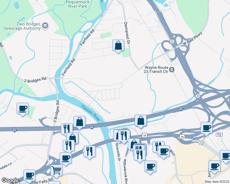 map of restaurants, bars, coffee shops, grocery stores, and more near 15 4th Street in Wayne