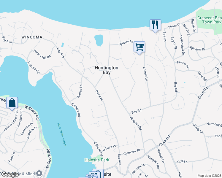 map of restaurants, bars, coffee shops, grocery stores, and more near 251 Vineyard Road in Huntington