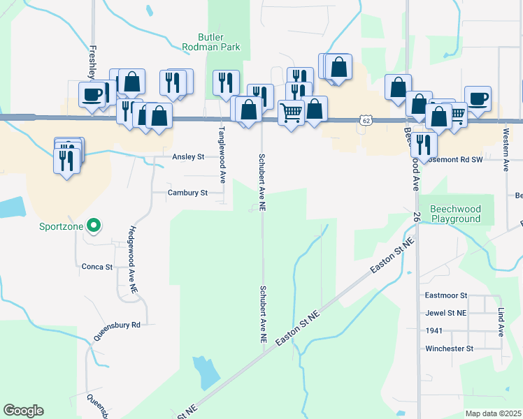 map of restaurants, bars, coffee shops, grocery stores, and more near 8733 Schubert Avenue Northeast in Alliance
