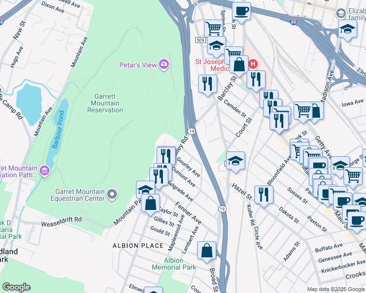 map of restaurants, bars, coffee shops, grocery stores, and more near 3 Valley Road in Clifton