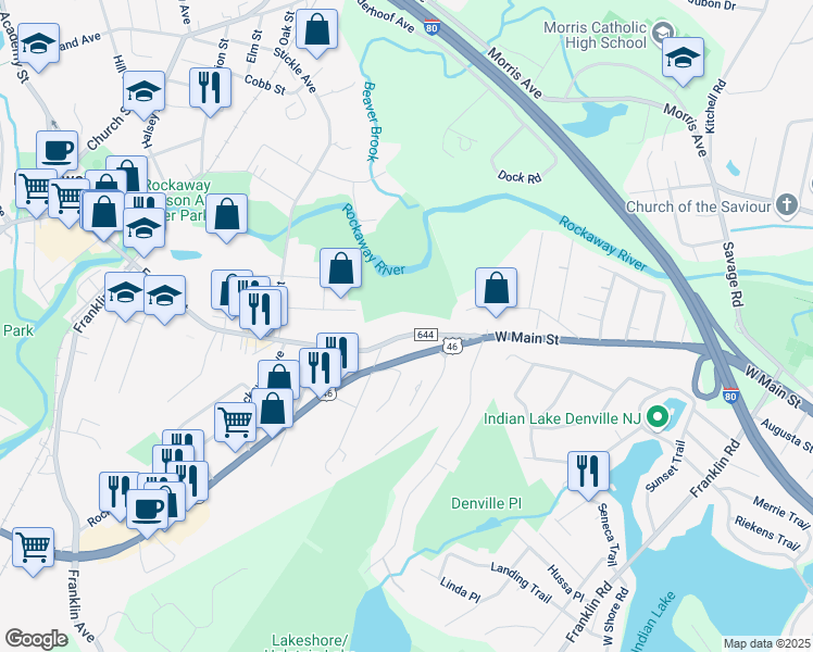 map of restaurants, bars, coffee shops, grocery stores, and more near 320 East Main Street in Rockaway