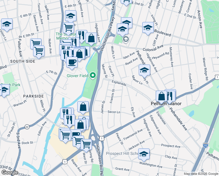 map of restaurants, bars, coffee shops, grocery stores, and more near 616 Francis Street in Pelham Manor