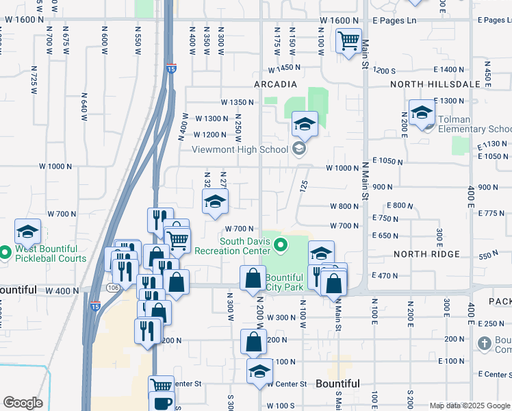 map of restaurants, bars, coffee shops, grocery stores, and more near 233 West 800 North in Bountiful