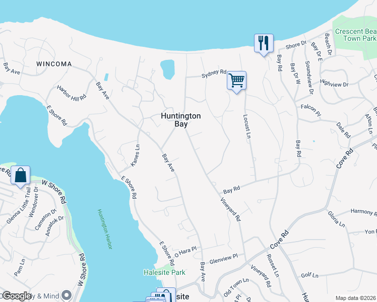 map of restaurants, bars, coffee shops, grocery stores, and more near 251 Vineyard Road in Huntington