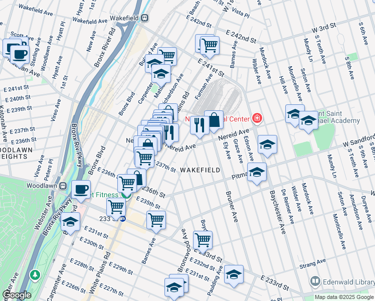 map of restaurants, bars, coffee shops, grocery stores, and more near 4392 Byron Avenue in Bronx