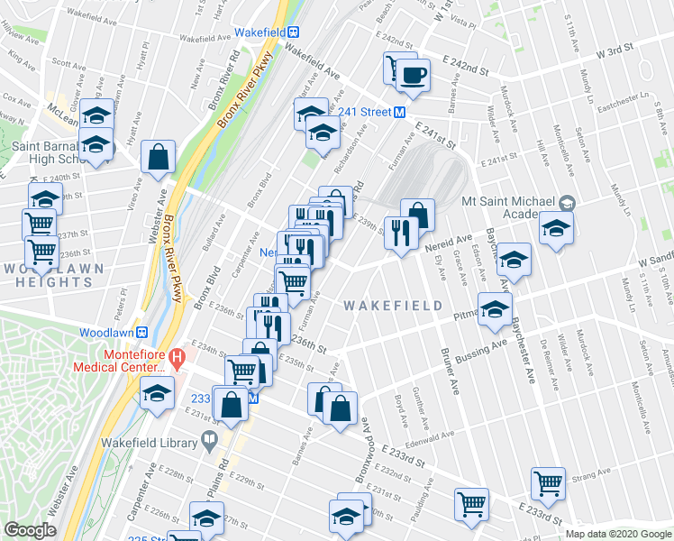 map of restaurants, bars, coffee shops, grocery stores, and more near in The Bronx