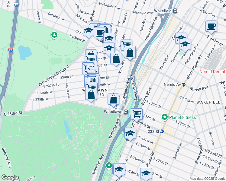 map of restaurants, bars, coffee shops, grocery stores, and more near 4255 Vireo Avenue in Bronx