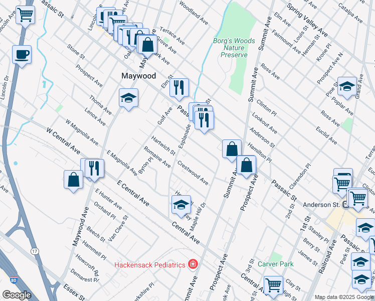 map of restaurants, bars, coffee shops, grocery stores, and more near 292 Esplanade in Hackensack