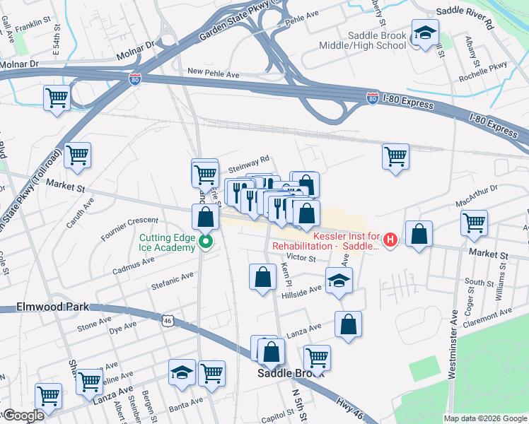 map of restaurants, bars, coffee shops, grocery stores, and more near 469 Market Street in Saddle Brook
