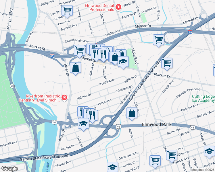 map of restaurants, bars, coffee shops, grocery stores, and more near 109 Hillman Drive in Elmwood Park