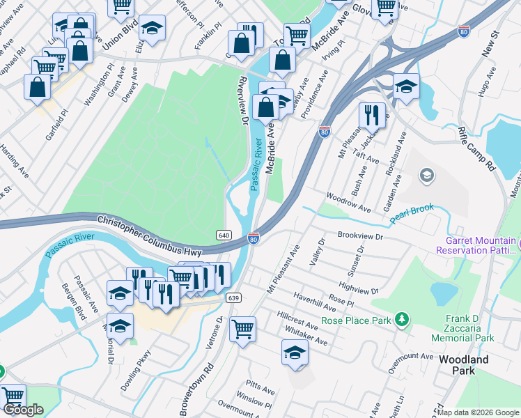 map of restaurants, bars, coffee shops, grocery stores, and more near 821 McBride Avenue in Woodland Park