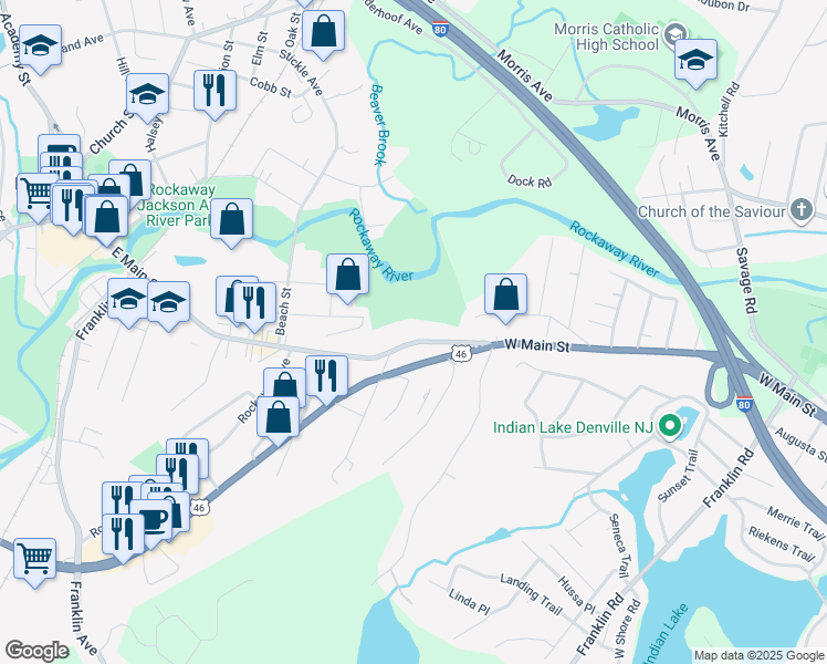 map of restaurants, bars, coffee shops, grocery stores, and more near 305 East Main Street in Rockaway