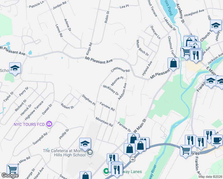 map of restaurants, bars, coffee shops, grocery stores, and more near 19 Mckinley Drive in Rockaway