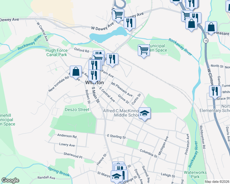 map of restaurants, bars, coffee shops, grocery stores, and more near 14 Grove Street in Wharton