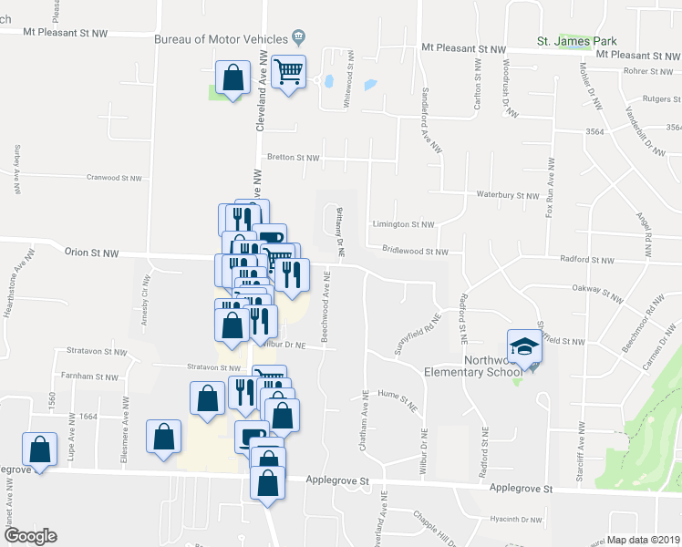 map of restaurants, bars, coffee shops, grocery stores, and more near 1862 Beechwood Avenue Northeast in North Canton