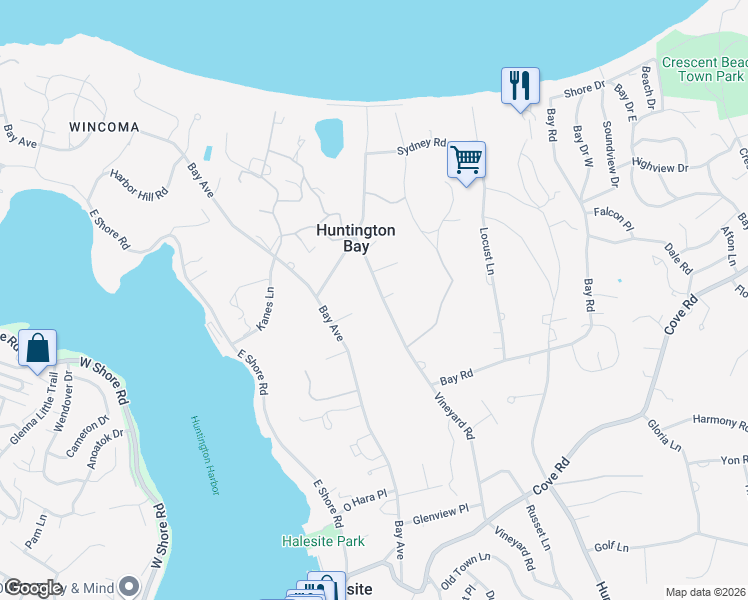 map of restaurants, bars, coffee shops, grocery stores, and more near 251 Vineyard Road in Huntington