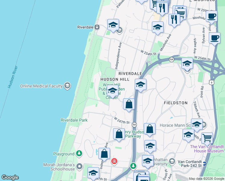 map of restaurants, bars, coffee shops, grocery stores, and more near 675 West 249th Street in Bronx