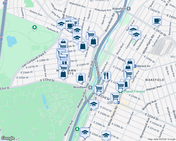map of restaurants, bars, coffee shops, grocery stores, and more near 549 East 234th Street in Bronx